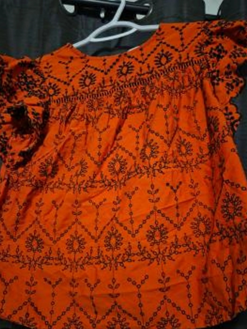 Crown & Ivy Embroidered Orange Peasant Top with Black Stitching Size PM